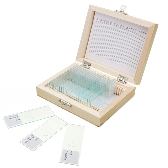 25pcs Biology Glass Prepared Microscope Slides Lab Specimens With Wooden Box