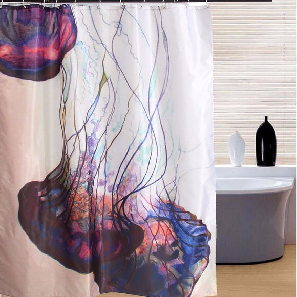 150x180cm Waterproof Jellyfish Pattern Polyester Shower Curtain Bathroom Decor with 12 Hooks