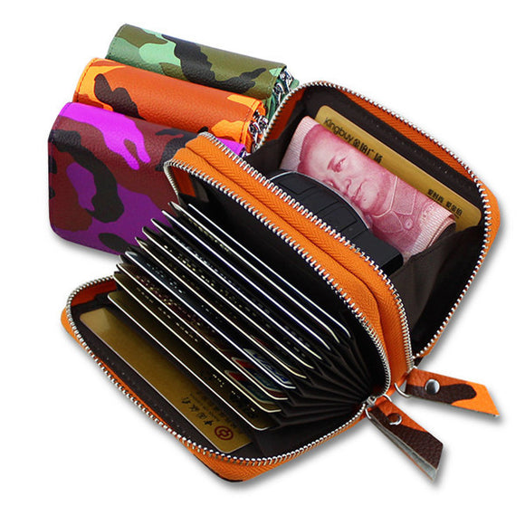 Women Zipper RFID Camouflage Card Holder Genuine Leather Short Purse Coin Bags