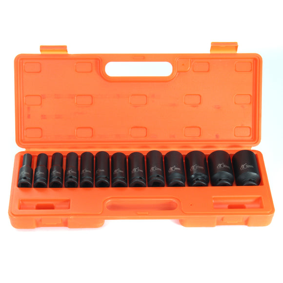 13pcs 1/2 inch Deep Impact Socket Tool Set 10-32mm Metric Garage Workshop