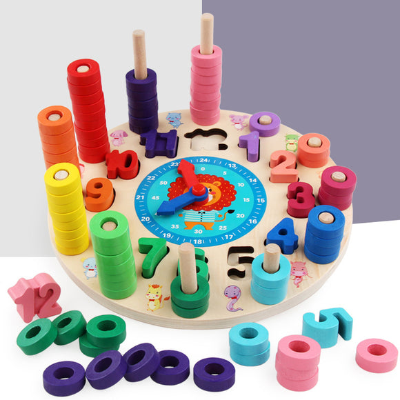 Wood Blocks Puzzle Board Set Wooden Toy 12 Numbers Clock Toy for Preschool Kid Learning Educational Toys for Number Counting Colors Stacking