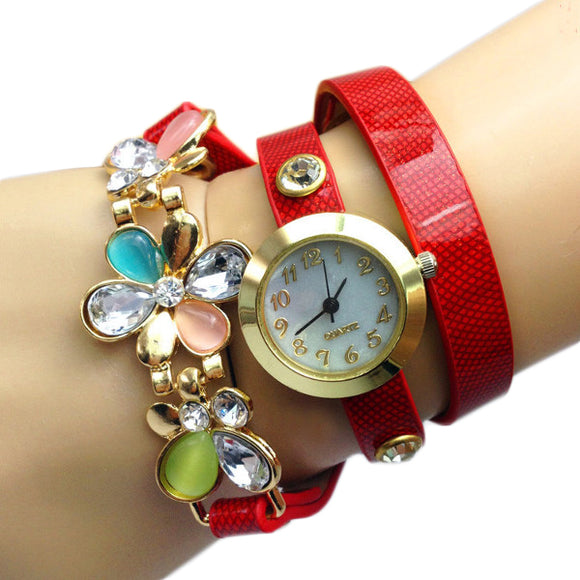 Women Rhinestone Plum Blossom Long Strap Analog Bracelet Watch