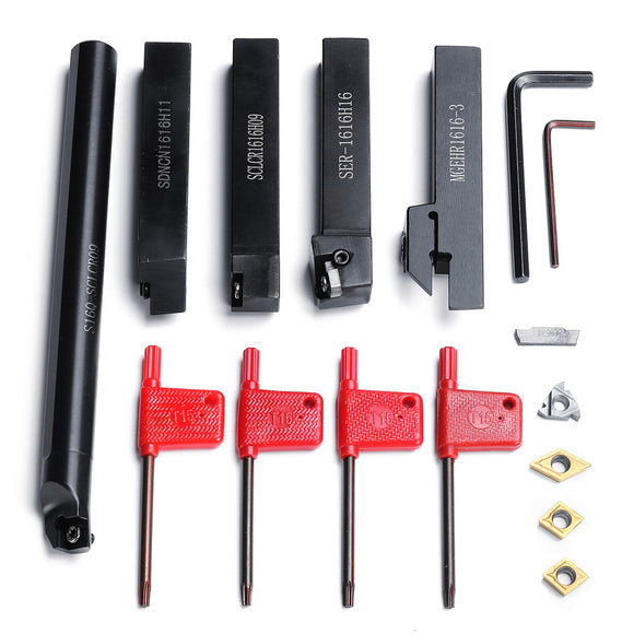 5pcs 16mm Shank Lathe Turning Tool Holder Boring Bar CNC Tools Set with Carbide Inserts and Wrenches
