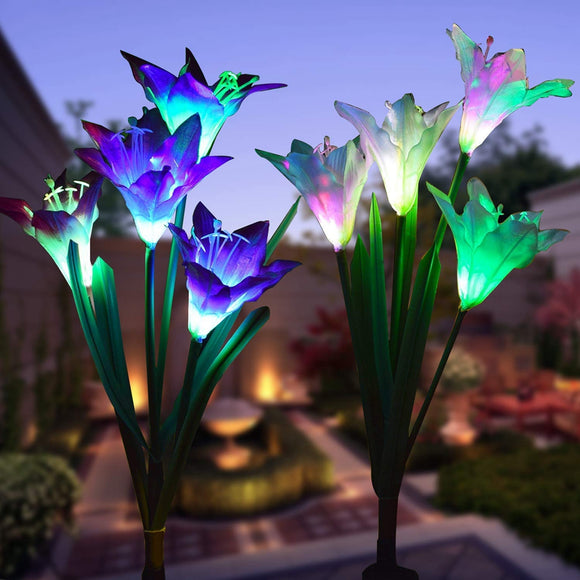 2pcs Solar Power 4 LED Lily Flower Lights Multi-Color Changing Outdoor Garden Patio Yard Stake Lamps