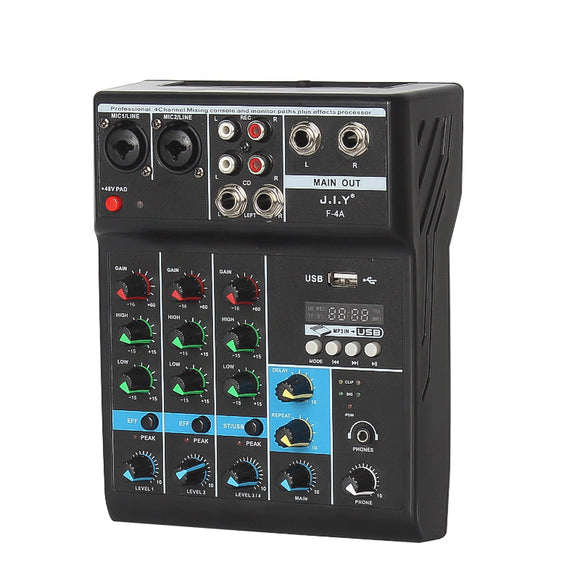JIY F-4A Audio Mixer 4 Channel bluetooth Mixer Professional Karaoke With USB Amplifier DJ Sound Mixing Console Music Studio Recording Audio Mixer