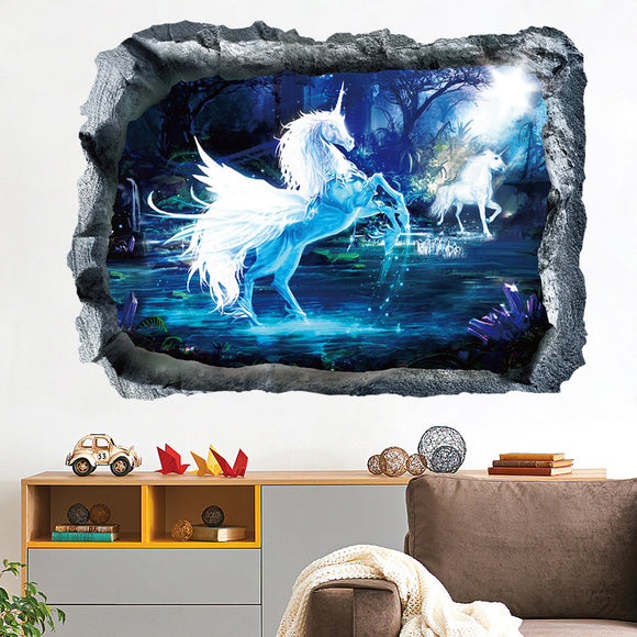Miico Creative 3D Unicorn Broken Wall Removable Home Room Decorative Wall Decor Sticker