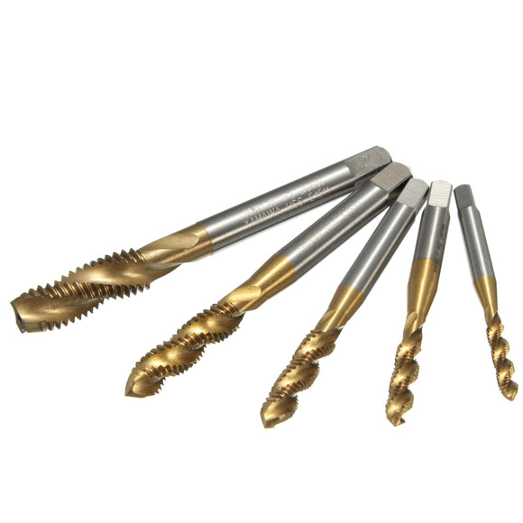 Drillpro 5pcs M3 M4 M5 M6 M8 Screw Taps Set Titanium Coated HSS6542 Spiral Fluted Tap Drill
