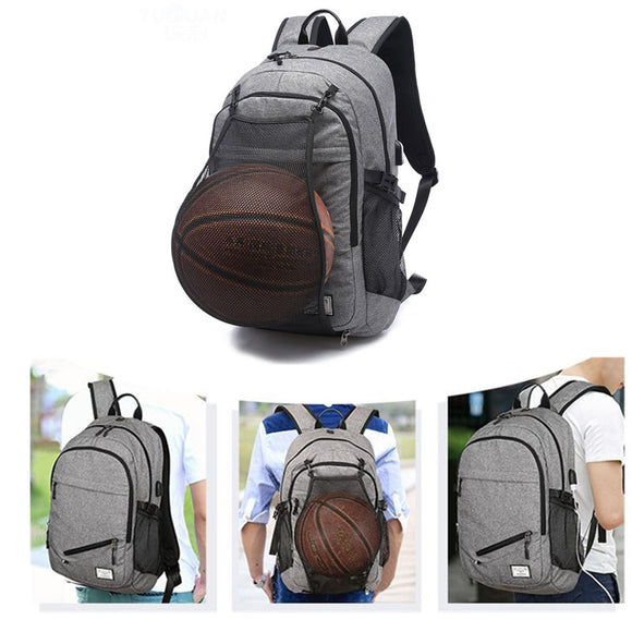 Waterproof Canvas Laptop Backpack School Bag With USB Charging Port/Basketball Net