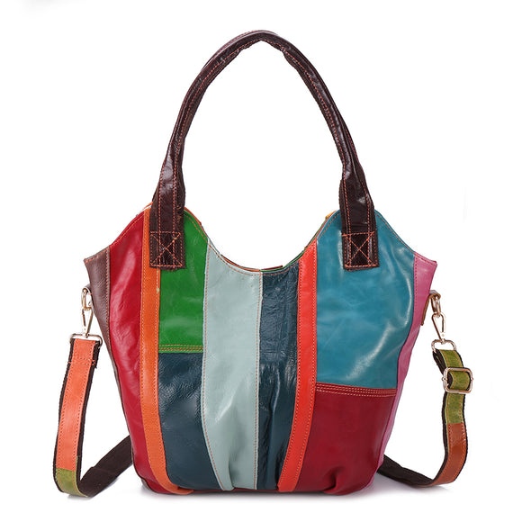 Women Oil Wax Genuine Leather Hobos Handbag Large Capacity Patchwork Bohemian Crossbody Bags