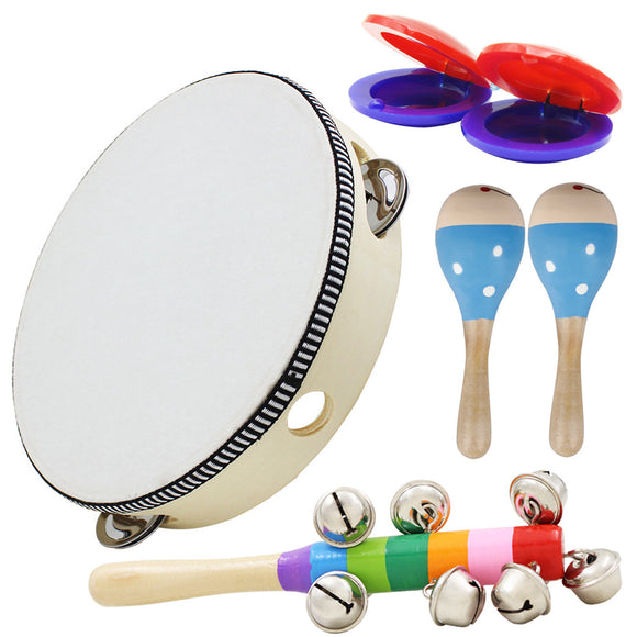 6 Piece Set Orff Musical Instruments Hand Shake Rattle Castanets Sand Hammer Vertical Bell Educational Tools Rhythm Kit for Kids Toddlers