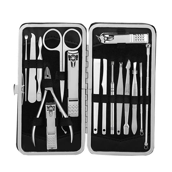 Y.F.M 16 Pcs Manicure Pedicure Tools Travel Kit Nail Pusher Nipper Cutter Scissors Ears Picker File