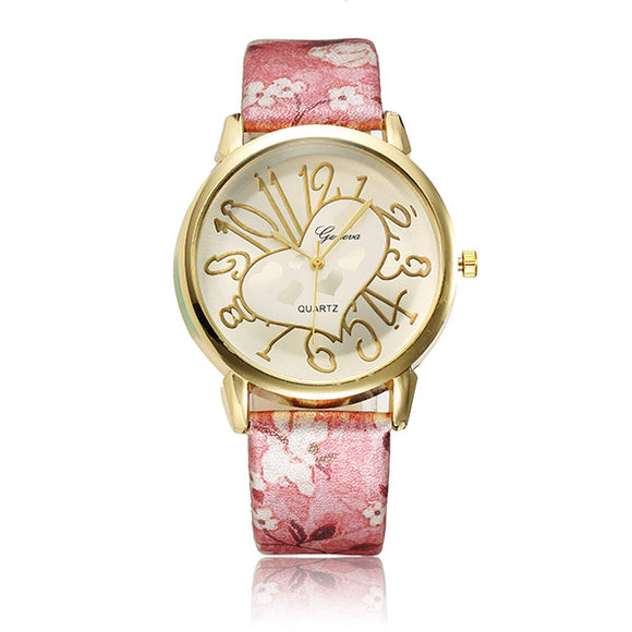 Women Casual Flower Heart Patterns PU Leather Band Quartz Wrist Watch