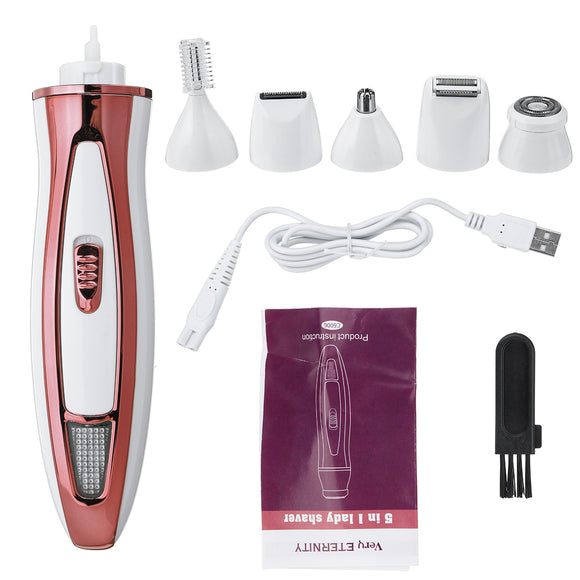 5 in 1 USB Women Electric Hair Epilator Shaver Rechargeable Dry Wet Body Legs Hair Remover with Removable Shaving Head