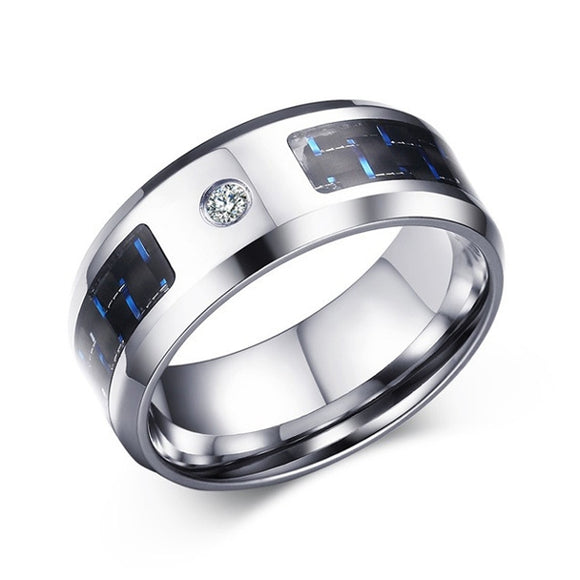 8mm Blue Stainless Steel Men's Jewelry Carbon Fiber Finger Ring for Men