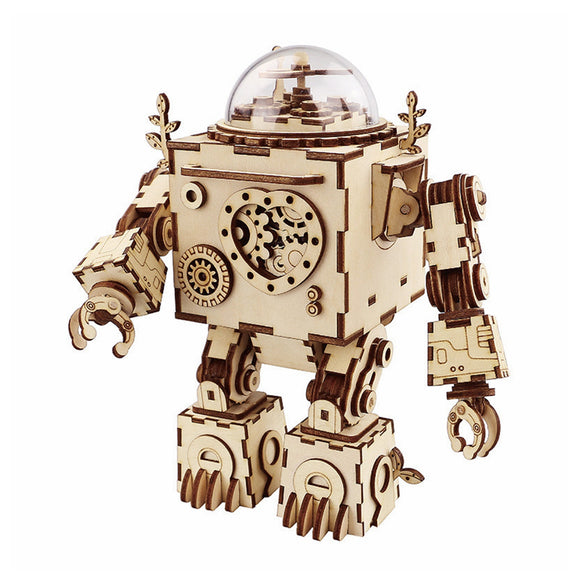 DIY Music Box Set Music Clockwork Wooden Robot Puzzle Assembly Music Box Christmas Gift for Kids