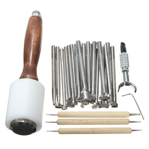 25pcs Leather DIY Carved Wooden Hammer Stainless Steel Printing Toolkits