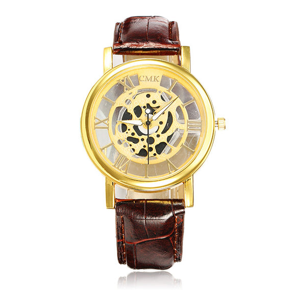 Roman Business Casual Hollow PU Strap Analog Wrist Watch