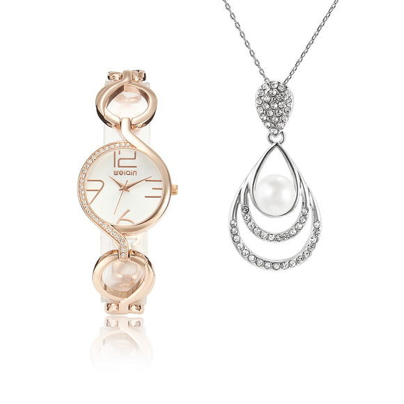 1 Set Sweet Pearl Water Drop Necklace &  Elegant Quartz Watch Gift For Women