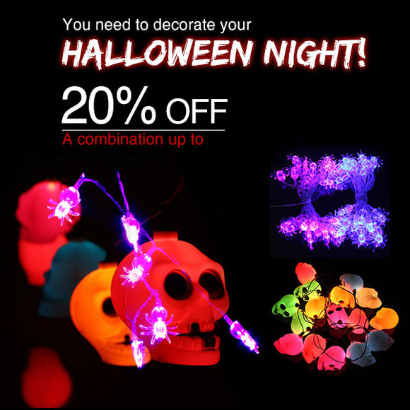 16 LED Colorful Skull String Light Lamp & 20 Purple LED Spider Light Halloween Party Decoration