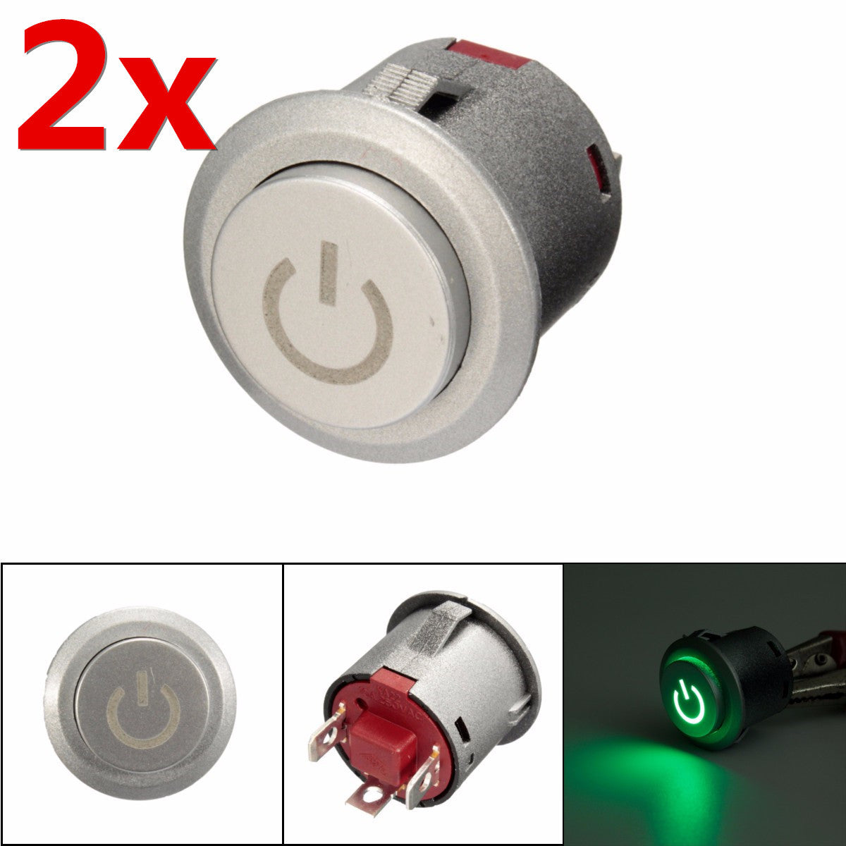 2pcs 12V 22mm LED Auto-lock Power Push Button ON/Off Switch Green ...