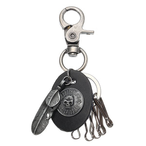 Gun Black Skull Pattern Keychain Feather Pendant Key Ring Halloween Gift for Unisex