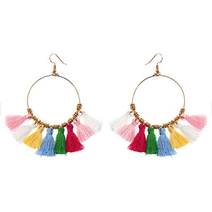 1 Pair Bohemian Sector Shape Tassel Pendant Big Hoop Dangle Earrings for Women