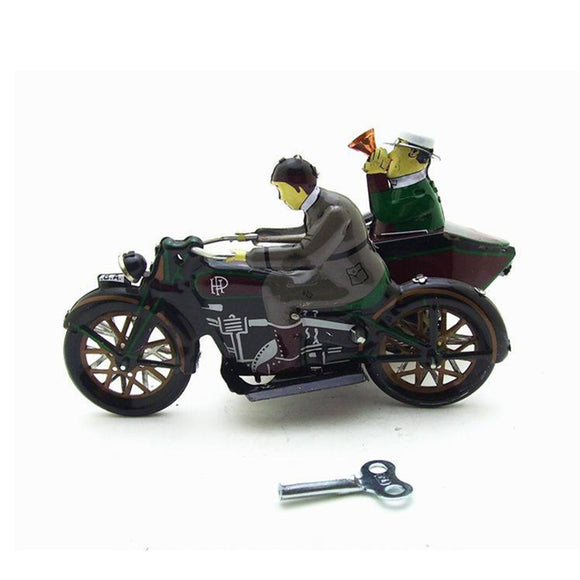 Motorcycle With Passenger In Sidecar Retro Clockwork Wind Up Tin Toys With Box