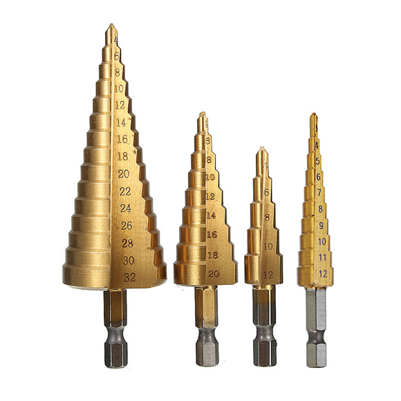 Drillpro 4Pcs 1/4 Inch Hex Shank HSS Titanium Coated Step Drill Bit Set 3-12/4-12/4-20/4-32mm