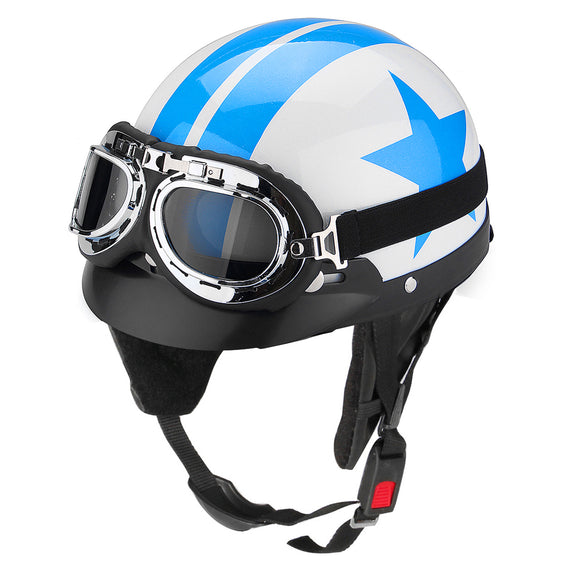 Motorcycle Protector Helmet Star Pattern Blue and White W/ Visor Goggles Vintage