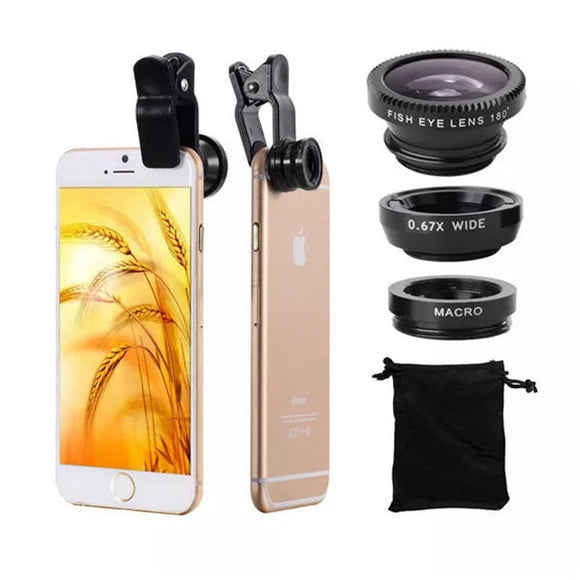 3 in 1 Universal Clip Camera Lens 0.67 Wide Angle+180 Degree Fish Eye+Macro Lens for Mobile Phones Tablet