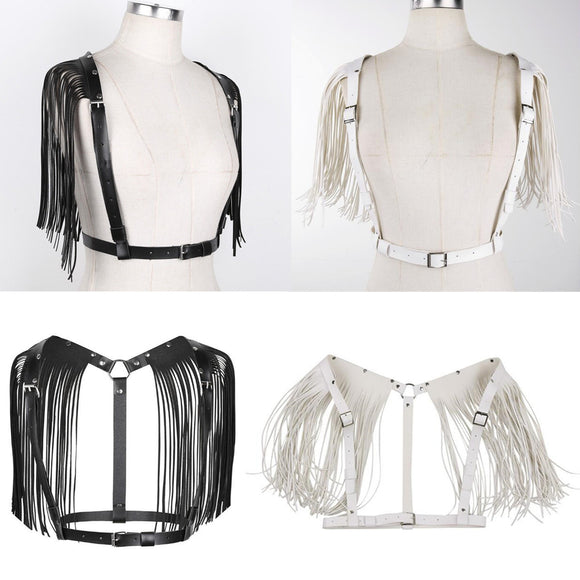 Sexy Women's Leather Punk Body Bra Chest Harness Fringe Skirt Tassel Belt Strap