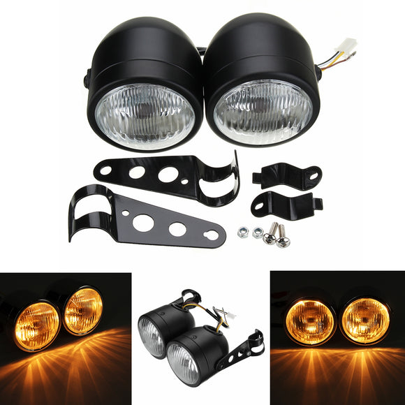 Dual Twin Motorcycle Headlight Dominator Tracker Streetfighter Headlamp+Bracket