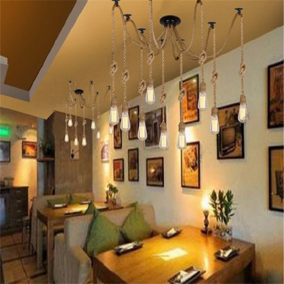 E27 8 Heads Industrial Chandeliers Pendant Lamp Vintage Hemp Rope Ceiling Light Fixture