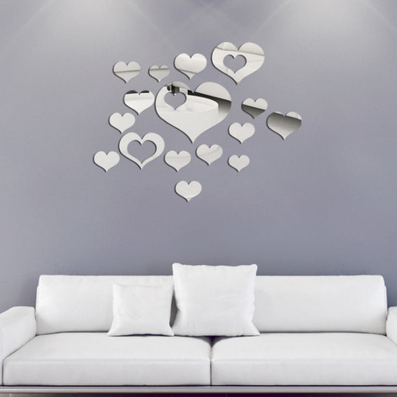 Honana DX-Y2 16Pcs Cute Silver DIY Heart Mirror Wall Stickers Home Wall Bedroom Office Decor