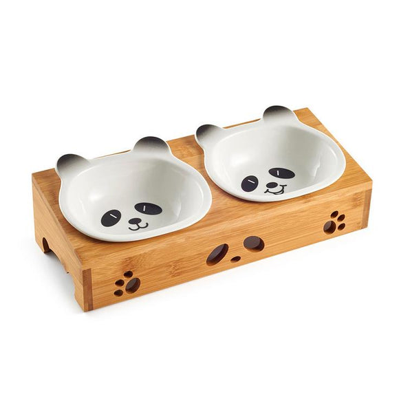 Ceramic Pet Bowl with Sturdy Bamboo Stand for Food and Water Bowls Pet Feeders Double Bowls