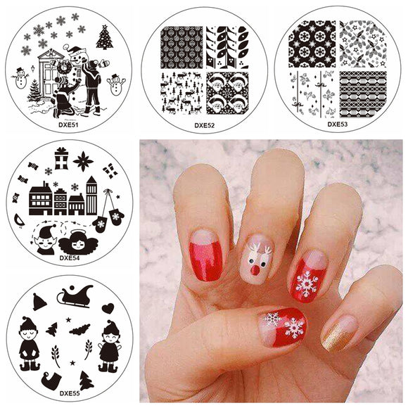 5pcs Christmas Nail Image Stamps Set Template Santa Claus Snowflake Children Glove Snowman House