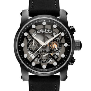 CRRJU 2137 Military Style Skeleton Chronograph Quartz Watch Genuine Leather Strap Men Watches