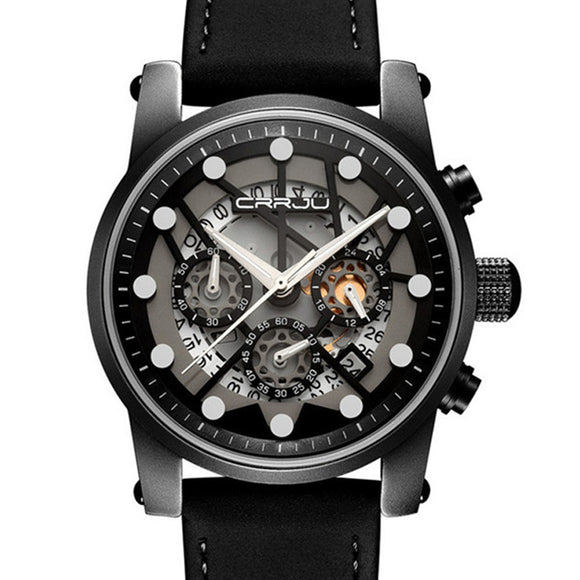 CRRJU 2137 Military Style Skeleton Chronograph Quartz Watch Genuine Leather Strap Men Watches