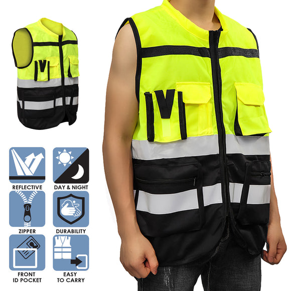 Safety Vest Reflective Driving Jacket Night Security Waistcoat + Pockets