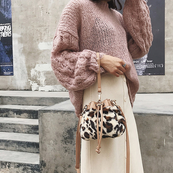 Women Plush Leopard Bucket Bag Shoulder Bag Cossbody Bag