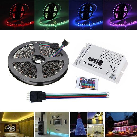 5M SMD5050 RGB LED Flexible Strip Tape Light Kit + Music Controller + Connector Cable Wire 12V