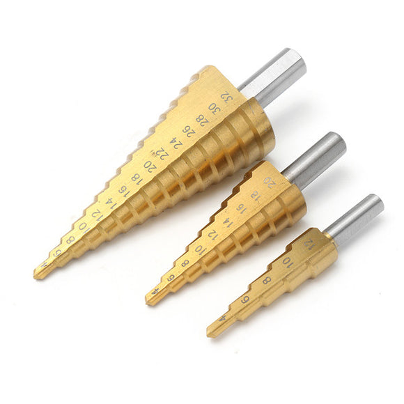 3pcs Titanium Coated HSS Step Cone Drill Bit Hole Cutter 4-12/20/32mm