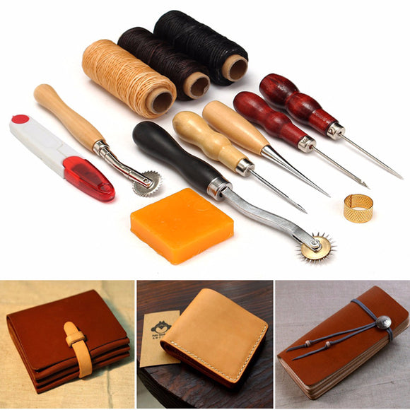 13pcs Wood Handle Leather Craft Tool Kit Leather Hand Sewing Tool Punch Cutter DIY Set
