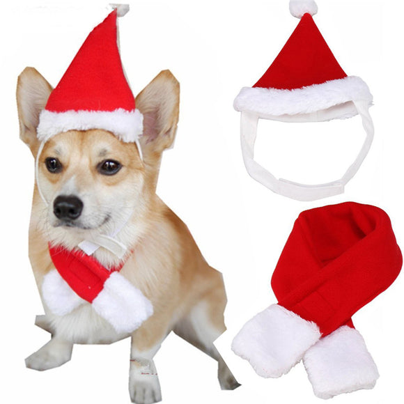 Christmas Pet Dog Cat Santa Hat Collar Set Headwear Headdress Kitten Caps With Scarf Christmas Decor