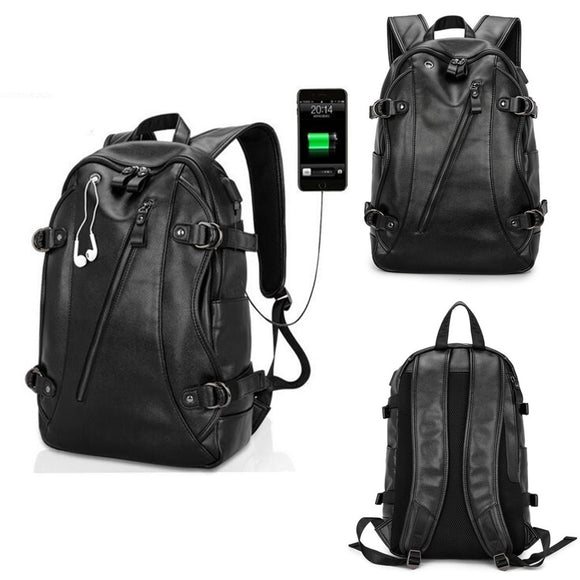 Men Shockproof Backpack PU Leather Laptop Rucksack Travel School Bag With USB Charging Port
