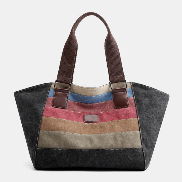 Women Large Capacity Canvas Casual Stripe Handbag Shoulder Bag For Shopping
