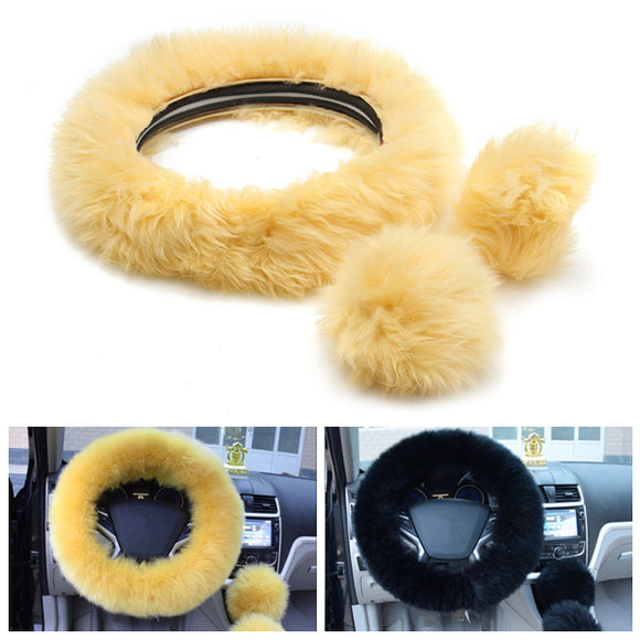 3Pcs Plush Wool Soft Car Steel Ring Wheel Cover Woolen Auto Handbrake Shift Knob Guard
