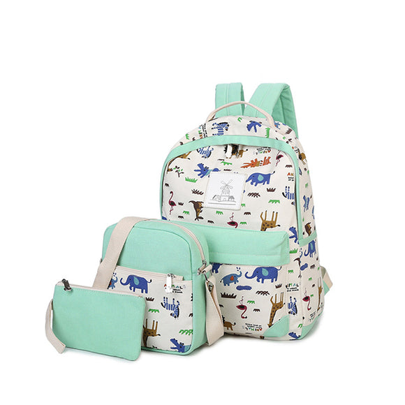 3 Pcs Korean Fashion Canvas Backpack Animal Prints School Bag Casual Multifunctional Travel Backpack