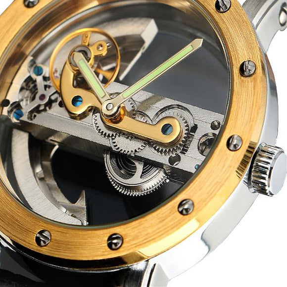 JARAGAR F9005 Fashion Automatic Mechanical Watch Transparent Back Case Leather Strap Men Wrist Watch