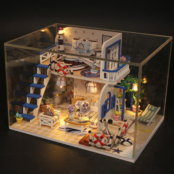 Hoomeda M032 Blue Seasidet DIY House With Furniture Music Light Cover Miniature Decor Toy
